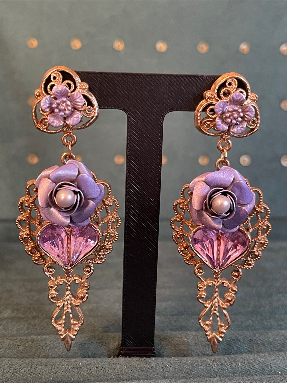 Vintage 1928 Purple Enamel Faux Pearl Heart Rhinestone Dangle Pierced Earrings